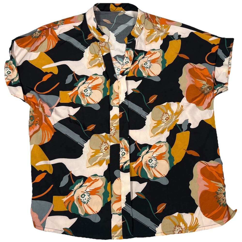 Shein Size L Womens Multicolor Floral V-Neck Short Sleeve Flowy Blouse